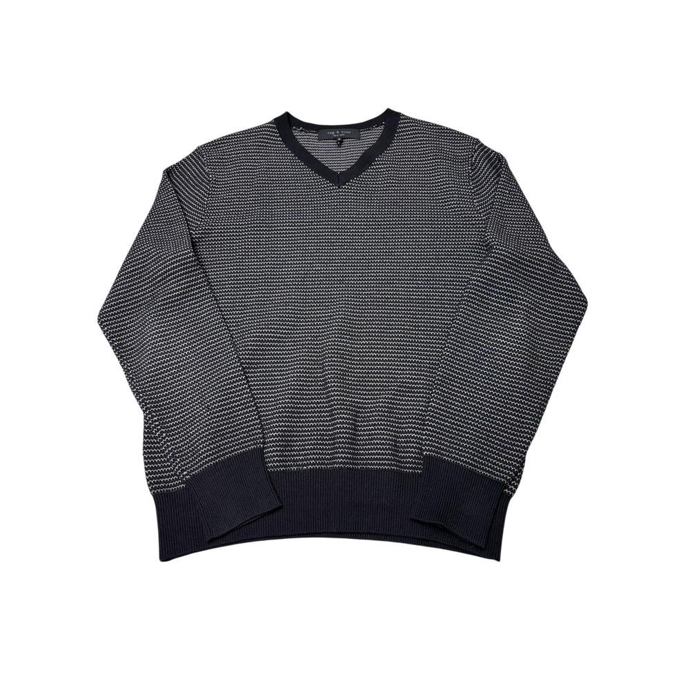 Rag & Bone‎ Mens V-Neck Sweater Black White Patterned Cotton Blend Size M